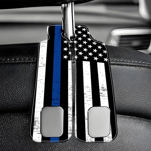 Car Headrest Purse Hanger Grunge Blue and Black American Flag 1 Pack Bag Purse Holder for Car Premium Leather Double Metal Hook for Handbags, Grocery Bags and Phones - color: Grunge Blue and Black American Flag