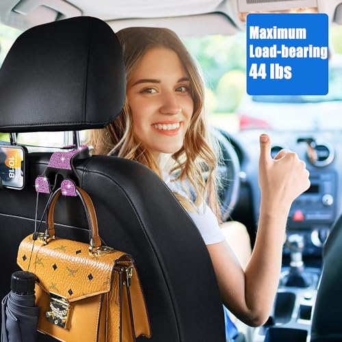 Bling Car Purse Hooks 2Pcs, Durable Car Headrest Hook, Holds 44Lbs, Double-Hooks, Wide-Opening, Rhinestone Automobile Purse Hangers Holder, Bling Car Accessories for Women, Pink - color: Bling Pink