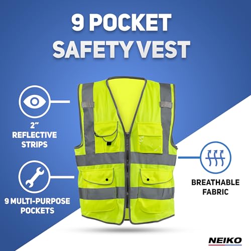 Neiko High Visibility Safety Vest ANSI Class 2, 9 Pockets - size: X-Large, style: Vest