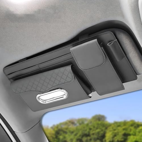ZIMISI Leather Car Visor Organizer, Sun Visor Storage Bag, Car Tissue Holder, Multi-Pocket Document Holder, Vehicle Travel Accessories for Pen, License, Cards, Sunglasses, Tissues (Grey) - color: Grey