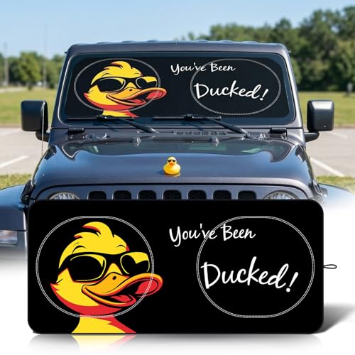 63"x28.5" Car Windshield Sun Shade with Storage Pouch, Stylish Printed Front Window Sunshade with Double Ring Frame, Universal Fit Foldable Heat Blocker & UV Protector for SUV, Sedan (Duck) - color: Duck
