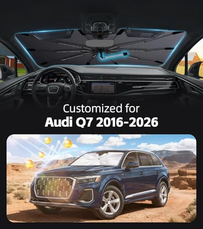Windshield Sun Shade for Audi Q7 2016-2026 with 360° Rotating Shaft, Custom Fit Umbrella Sunshade for UV Blocking, Interior Heat Protection, Easy Storage - size: Fit for Audi Q7 2016-2026