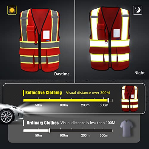 AYKRM Security Vest for Men Women 7 Pockets High Visibility Reflective Safety Vest Front Zipper Meets ANSI/ISEA - color: Red-emergency, size: Medium