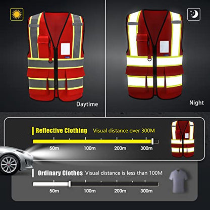 AYKRM Security Vest for Men Women 7 Pockets High Visibility Reflective Safety Vest Front Zipper Meets ANSI/ISEA - color: Red-emergency, size: 5X-Large