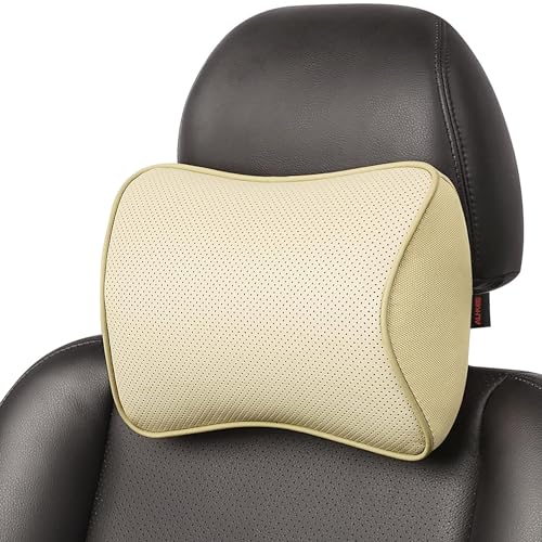 Aukee Car Headrest Pillow Memory Foam Car Neck Pillow Soft Leather Headrest for Driving Home Office Beige (1PC) - color: Beige, size: Pack of 1