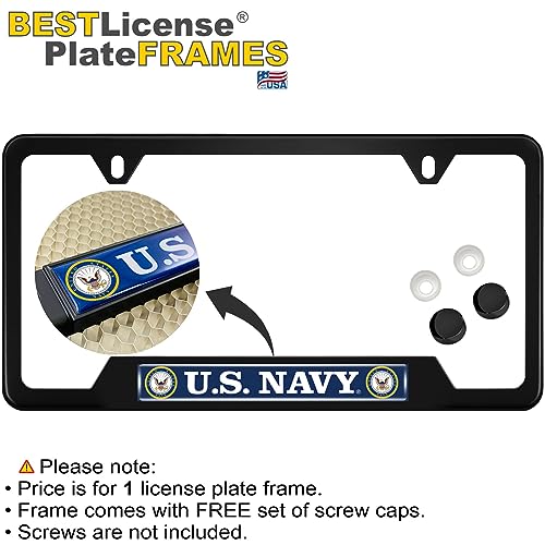 [Officially Licensed Product] - Stainless Steel Matte Black CAR 2-Hole Standard Size - Domed Custom-Made Corrosion-Resistant License Plate Frame with U.S. Navy Design and Free caps - (Qty: 1 Frame) - size: U.S. Navy