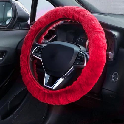Furry Car Steering Wheel Cover, Fluffy Soft Warm Plush Non-Slip, 14 1/2-15 inch, for Women Girls, Red - color: single cover - red