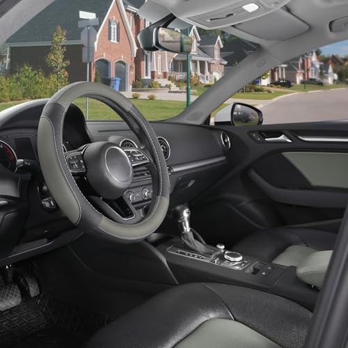 SEG Direct Car Steering Wheel Cover for Prius Civic Model 3 Model Y Camaro, Small Size 14-14.25 inch, Black and Gray Microfiber Leather - color: Black and Gray, size: Small size[14''-14 1/4'']