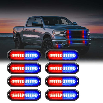 WINECO Red/Blue 8pcs Ultra Slim LED Emergency Strobe Police Lights, Surface Mount Grill Grille Hazard Safty Warning Flashing Light for Volunteer Trucks Vehicles - color: Red Blue
