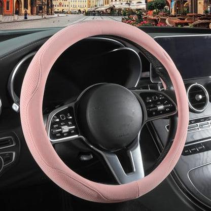 Pink Suede Steering Wheel Cover, Breathable Non-Slip Sweat-Proof Wear-Resistant No Pilling, Warm in Winter and Cool in Summer, Universal 15 inch - color: Pink, size: Round-M[14.5''-15'']
