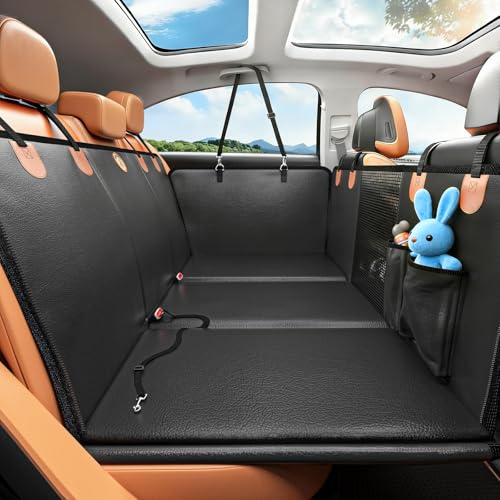 MYJAQI Back Seat Extender for Dogs, PU Leather Dog Car Seat Cover for Back Seat with Hard Bottom, 100% Waterproof, Scratch Proof and Anti Slip Dog Hammock for Car, Holds 400lbs - color: Black+Saffron, size: Large