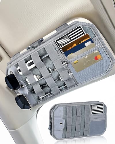 Heavy Duty Molle Car Sun Visor Organizer Tactical Pounch with Flag and Glasses Clip Store Your Daily Items for Most Cars, Trucks, SUVs, Compacts, 12.8"x6.9"x1.2" (Gray) - color: Gray