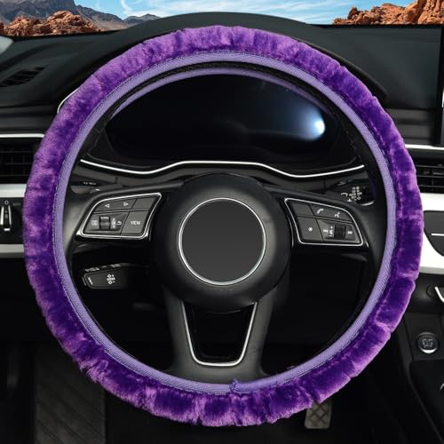 KAFEEK Purple Elastic Fuzzy Steering Wheel Cover, Microfiber Plush Steering Wheel Cover for Woman Girl,Winter Warm, Universal 15 inch - color: Purple