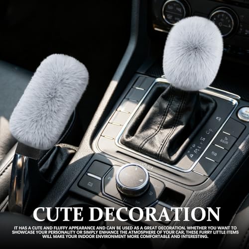 2PCS Plush Car Gear Shift Knob Cover & Handbrake Cover, Shift Knob Protector, Soft Fluffy Gear Handbrake Protective Sleeves, Shifter Lever Brake Handle Warm Plush Set for Cars (Gray) - color: Gray