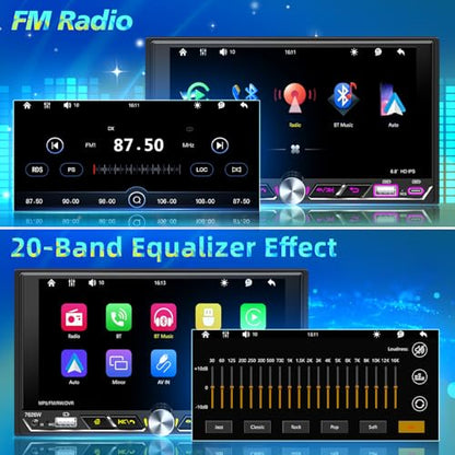 Double Din Car Stereo 6.8" Touch Screen with Apple CarPlay & Android Auto, Physical Knob Control, Bluetooth 5.0, Wireless Apple Car Play Radio, MirrorLink, FM/AM, Backup Camera, USB/Type-C