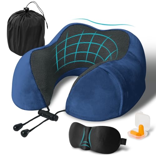 Travel Pillow, Memory Foam Neck Pillow for Traveling, U Shape Neck Pillow Airplane Portable Flight Pillow Travel Kit with 5D Contoured Eye Masks and Earplug for Plane Train Car Home Office - Blue - color: Blue
