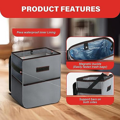 Simple Deluxe Car Trash Can with Lid and Storage Pockets, Multipurpose Garbage Bin with Adjustable Straps, Collapsible and Portable Organizer, 2 Gallon, Grey