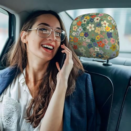 Daisy Floral Car Headrest Covers Wildflower Cute 2PCS Seat Pillow Protective Covering Flower Anti-Scratch Elastic Comfortable Headrest Cushion Case for Vehicle Truck SUV Vans Sedans - color: Daisy