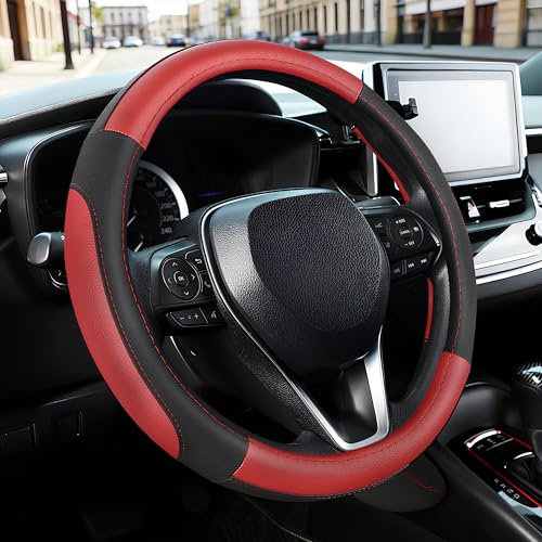 SEG Direct Car Steering Wheel Cover for F-150 Tundra Range Rover 15.5-16 inch, Black and Red Microfiber Leather - color: Black and Red, size: Large size[15 1/2''-16'']