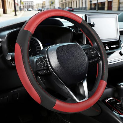 SEG Direct Car Steering Wheel Cover for F-150 Tundra Range Rover 15.5-16 inch, Black and Red Microfiber Leather - color: Black and Red, size: Large size[15 1/2''-16'']