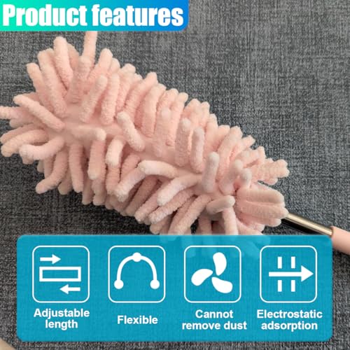 2PCS Car Interior Duster with Extension Pole – Washable Microfiber Dusters Detailing Brushes with Bendable Head, Long Handle Cleaning Duster Tool for Car Dash, Vents, Window, Furniture, Office (Pink) - color: Pink