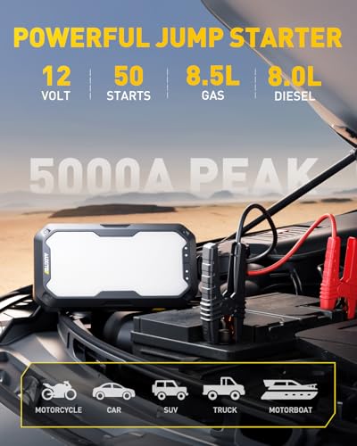 AUXITO Jump Starter, 5000A Car Battery Jump Starter, Up to 8.5L Gas and 8.0L Diesel Engines with 2000LM LED Work Panel Light, 12V Safe Jump Box with Camping Light, Power Bank and Jumper Cable - size: 5000A