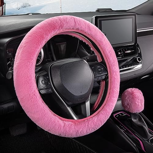 SEG Direct Furry Car Steering Wheel Cover with Fluffy Gear Shift Cover Soft Warm Non-Slip Car Decoration for Women Girls 2 PCS Set, Pink - color: Pink