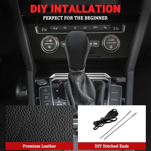 Leather Gear Shift Knob Cover Compatible with Volkswagen Atlas丨 Beetle丨 Golf丨 Passat丨 Jetta 丨 Tiguan 2011-2021 Black Leather with Black Stitches Shifter Knob Cover - Black - color: Black&Black