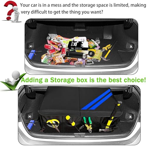 YOSRTER Car Trunk Organizer for Dodge Charger Durango Challenger Ram Collapsible Storage Box with Handle Foldable Lid Non Slip Bottom 2 Compartment Sturdy Base Panel Blue Trim - color: Blue Trim