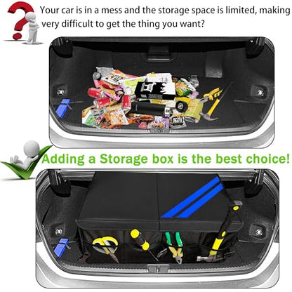 YOSRTER Car Trunk Organizer for Dodge Charger Durango Challenger Ram Collapsible Storage Box with Handle Foldable Lid Non Slip Bottom 2 Compartment Sturdy Base Panel Blue Trim - color: Blue Trim