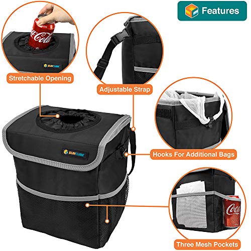 SUN CUBE Waterproof Car Trash Can with Lid, Mesh Pockets | Leakproof Car Garbage Can Hanging | Auto Trash Bin, Garbage Bag Organizer for Headrest, Console, Truck (Black/Gray) - color: Black with Gray Trim