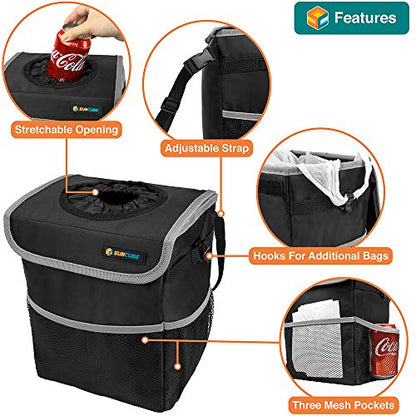 SUN CUBE Waterproof Car Trash Can with Lid, Mesh Pockets | Leakproof Car Garbage Can Hanging | Auto Trash Bin, Garbage Bag Organizer for Headrest, Console, Truck (Black/Gray) - color: Black with Gray Trim