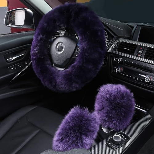 3Pcs Set Fashion Fluffy Fuzzy Wool Fur Soft Car Steering Wheel Cover with Handbrake Cover & Gear Shift Cover for Women/Girls/Ladies Auto Long Wool Accessories - color: Dark Purple, size: Long Wool
