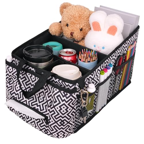 HEYSKAY Car Seat Organizer-Passenger Seat Organizer, Collapsible Small Car Seat Organizer for Console Front/Back, Car Caddy with 4pc Drink Holders Automotive Backseat Organizer for Kids - color: Black&White Check