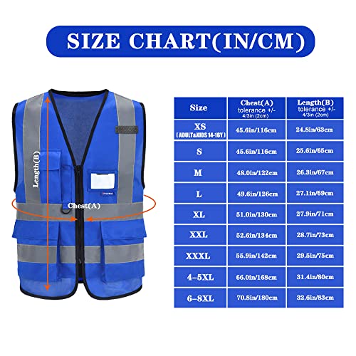 Big and Tall Blue Safety Vest 6xl 7xl 8xl Reflective Work Vest blue 7 Pockets,6XL-8XL - color: Blue, size: 6X-Large