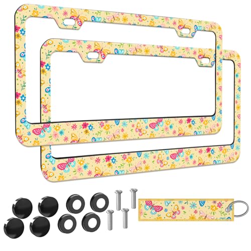 2pcs floral Colorful Butterfly License Plate Frame for Women,Inspirational Butterfly flower car Decorative tag Frames Girly,Colorful Butterflies floral License Plate Cover Holder with car Keychain tag - color: for Colorful flowers butterflies