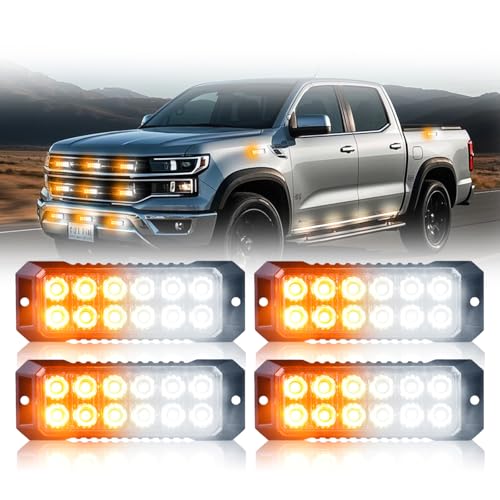 4PCS 12-LED Strobe Lights for Trucks 12V-24V Surface Mount Emergency Strobe Grille Lights Sync Feature LED Mini Safety Warning Flashing Lights for Vehicles Trucks, Cars(Amber White) - color: Amber/White 4PCS, size: 4PCS