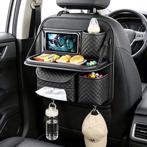 PU Leather Backseat Car Organizer with Foldable Tray & Tablet Holder, Luxury Diamond Stitching Design, Universal Car Seat Storage Organizer for Kids & Family Travel Accessories, Black - color: Black