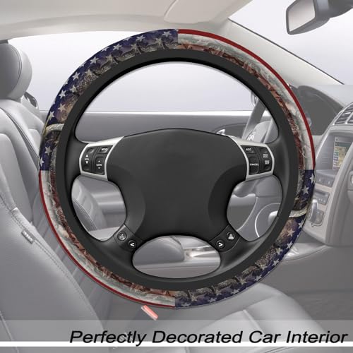Camouflage Deer American Flag Steering Wheel Cover for Men, Anti-Slip Elastic Breathable Soft Rubber Car Steering Wheel Protective Cover, Universal 15 Inch Fit for Cars, Auto, SUVs
