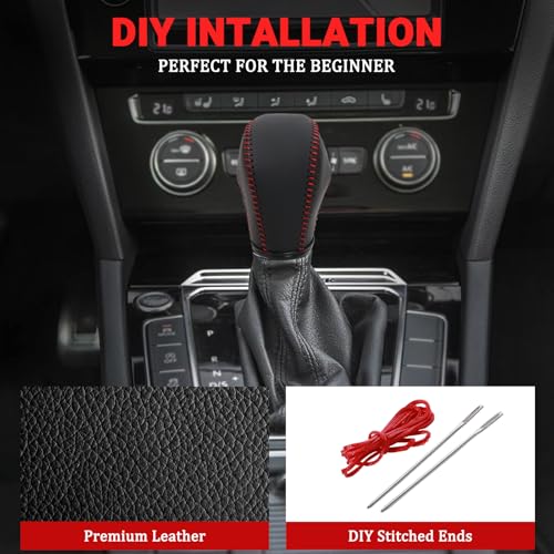 Leather Gear Shift Knob Cover Compatible with Volkswagen Atlas丨 Beetle丨 Golf丨 Passat丨 Jetta 丨 Tiguan 2011-2021 Black Leather with Red Stitches Shifter Knob Cover - Black&Red - color: Red&Black
