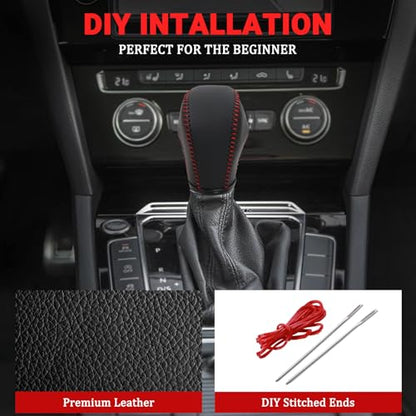 Leather Gear Shift Knob Cover Compatible with Volkswagen Atlas丨 Beetle丨 Golf丨 Passat丨 Jetta 丨 Tiguan 2011-2021 Black Leather with Red Stitches Shifter Knob Cover - Black&Red - color: Red&Black