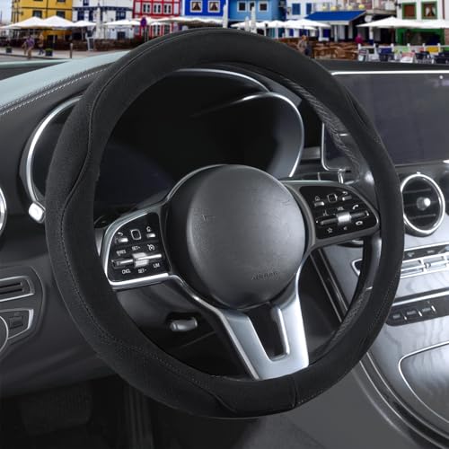 Black Suede Steering Wheel Cover Large for Model X Model S Ford F150 F250 F350, Breathable Non-Slip Sweat-Proof Wear-Resistant, Warm in Winter and Cool in Summer, 15.5 inch to 16 inch - color: Black, size: Round-L[15.5''-16'']