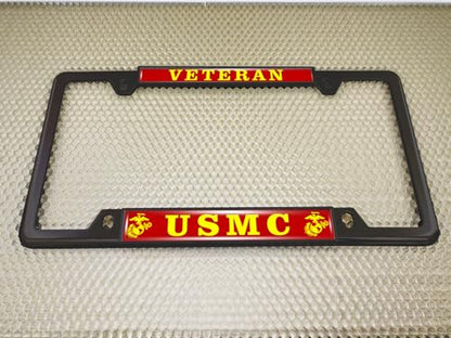 [Officially Licensed US Marine Corps Product] - Veteran USMC with EGA Emblem - Domed Custom-Made Personalized Thin Top 4-Hole Metal Car License Plate Frame with Free caps - Black Frame (Qty: 1) - color: Black - Style 2