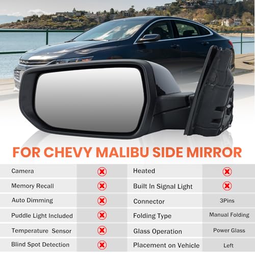 Driver Side View Mirror Compatible with Chevy Malibu 2016 2017 2018 2019 2020 2021 2022 Non Heated Without Signal Light Manual Folding LH(Gloss Black) - color: 3Pins-Gloss Black, size: Left Driver Side