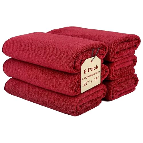 Cleaning Cloth Towels - Large 27" x 16" Microfiber Rags - Highly Absorbent, Lint Free Streak Free for House, Kitchen, Car, Window Detailing Reusable Shop Towels (6-Pack, Burgundy) - color: Burgundy