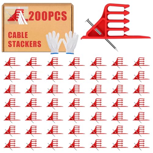 200Pcs Cable Stackers, Cable Staples Clips with Steel Nails, Electrical Wire stackers,Insulated Cord Staples Multi Cable Wire Clips for Suitable Most Cables - color: 200Pcs-Red