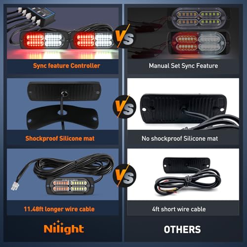 Nilight 4PCS LED Strobe lights 12V 24V Sync Feature Red White 24LED Emergency Hazard Warning Lights with Controller Hard Wire or Cigarette Lighter Plug for Car Truck RVs Campers - color: Red White w/Controller