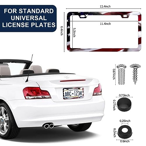 LIN KANG Patriotic American Flag License Plate Frame Holder - 2 Pack Universal Aluminum Matte Stripe US Flag Gloss Car Plate Frame Covers with 2 Holes and Screws Fasteners Caps - color: Matte American flag Narrow side F