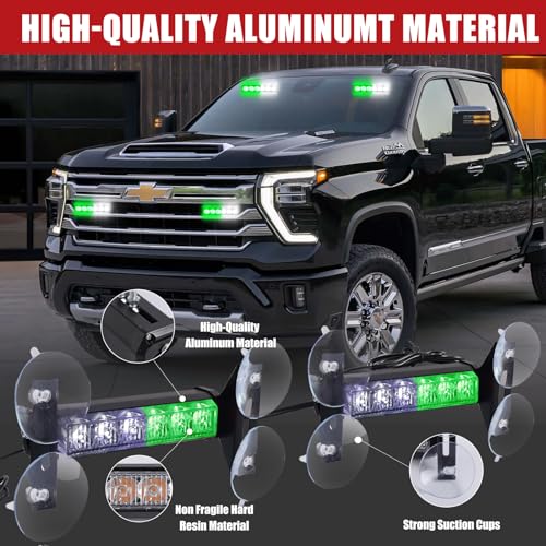 2X 6.1 inch Emergency Strobe Lights Green White 12 LED Warning Flashing Safety Dash Side/Front/Rear Windshield Lights Grill Surface Mount forVolunteer Firefighter Vehicles POV Trucks Car... - color: Green/White