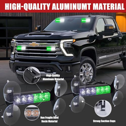 2X 6.1 inch Emergency Strobe Lights Green White 12 LED Warning Flashing Safety Dash Side/Front/Rear Windshield Lights Grill Surface Mount forVolunteer Firefighter Vehicles POV Trucks Car... - color: Green/White